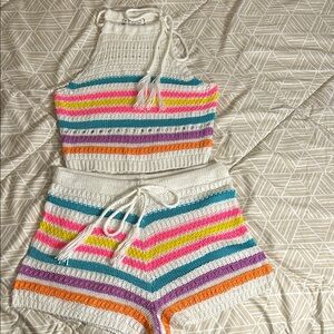 Colorful Striped Knit Halter Top and Shorts Set